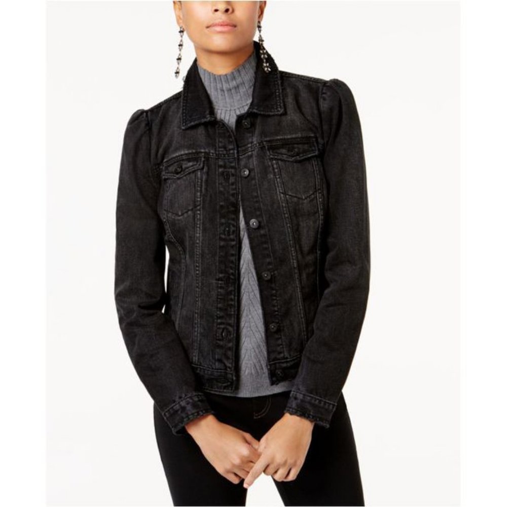 INC distressed black denim jacket w/ Puff Shoulder